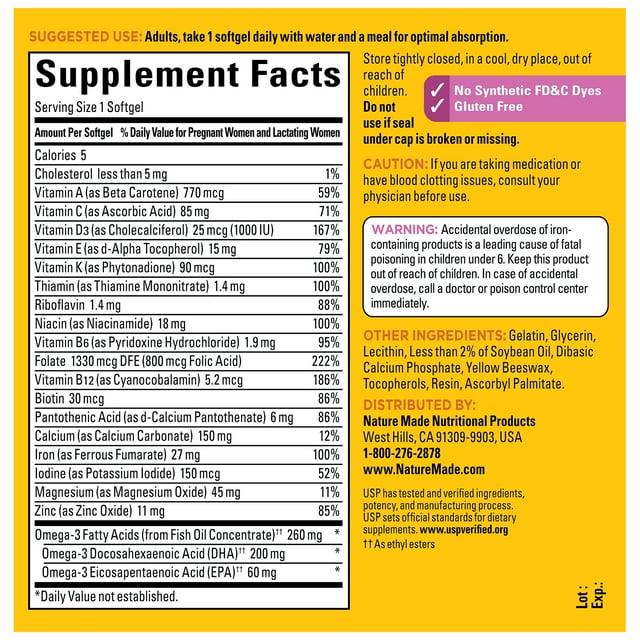 Nature Made Prenatal with Folic Acid + DHA Softgels, Prenatal Vitamin and Mineral Supplement, 100 Count
