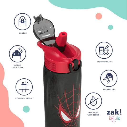 Zak Designs 25oz Durable Plastic Park Water Bottle with Straw, Easy Open Locking Spout Cover for Travel, and Built In Carry Handle