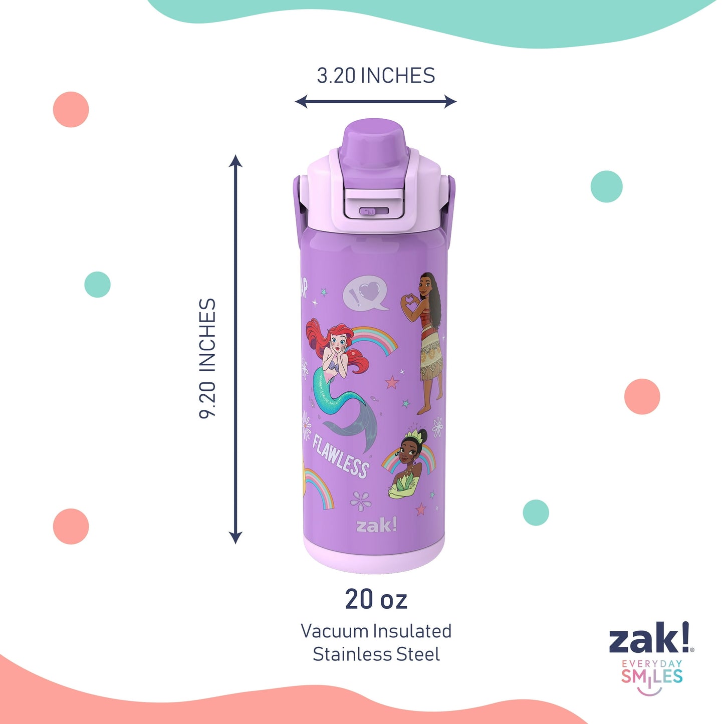 Zak Designs Kids Straw Water Bottle, Stainless Steel Vacuum Insulated Lincoln Bottle with Easy-Open Locking Spout Cover for Travel, Built in Carry Handle