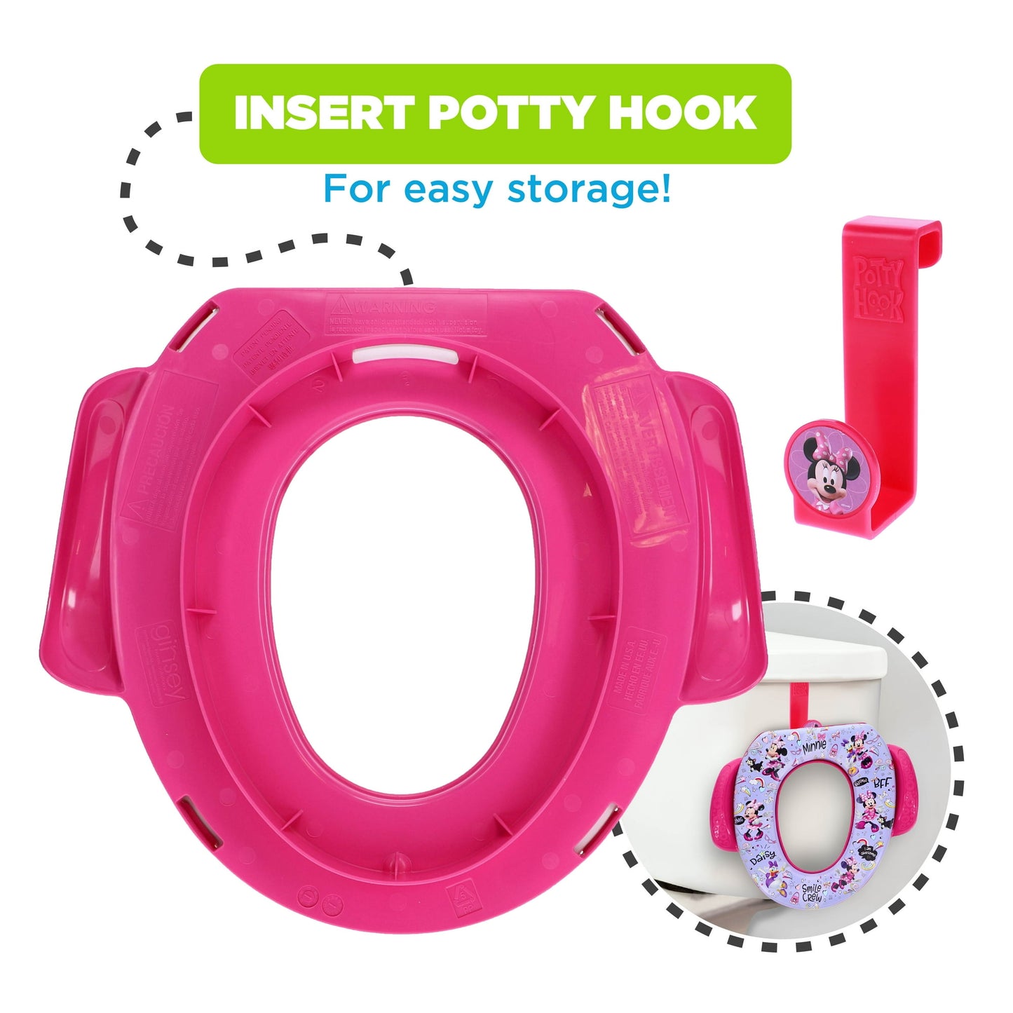 A pink child's potty training seat and a red storage hook are displayed, with the seat shown on a toilet