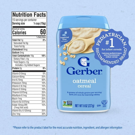 Gerber Stage 1 Baby Food, Baby Oatmeal Cereal, 8g Whole Grains, Infant Cereal 8 oz