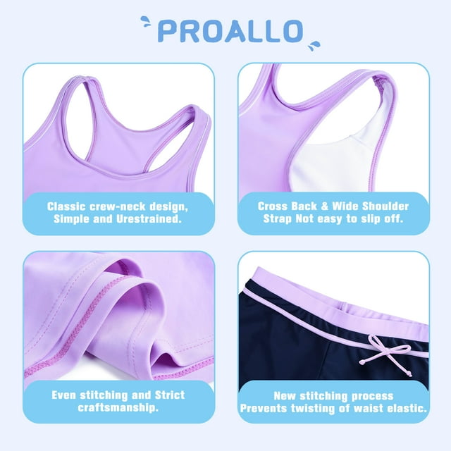 PROALLO Girls Bathing Suits Two-Piece Swimsuit with Boyshorts Vest-Style Tankini(12-13T Purple)