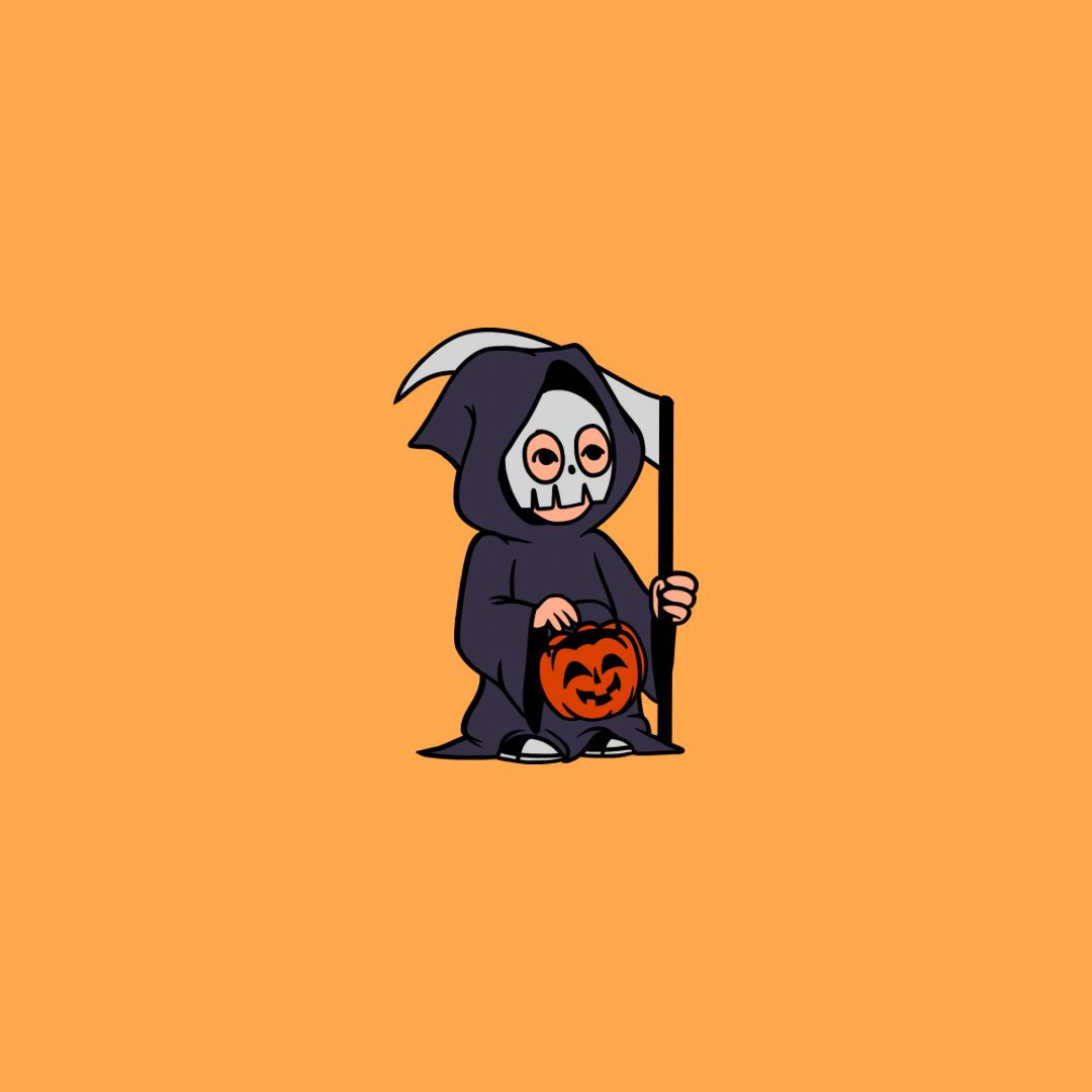 Halloween Themed Cartoon character dressed as the Grim Reaper holding a pumpkin on an orange background