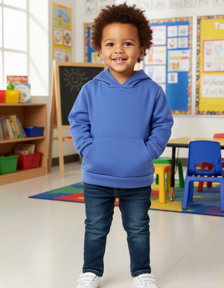 Child wearing a blue hoodie in a classroom setting