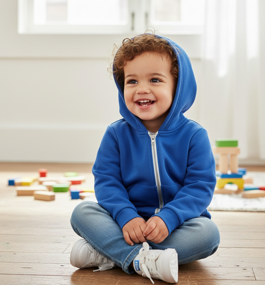 Child wearing a blue hoodie sitting on a wooden floor with toys around