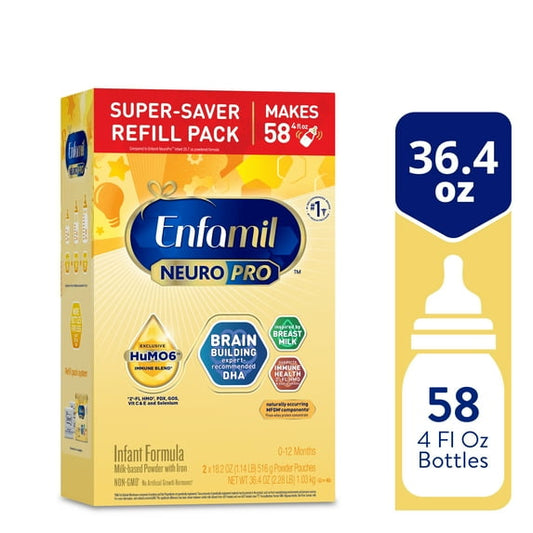 infant formula packaging with details on quantity and size.