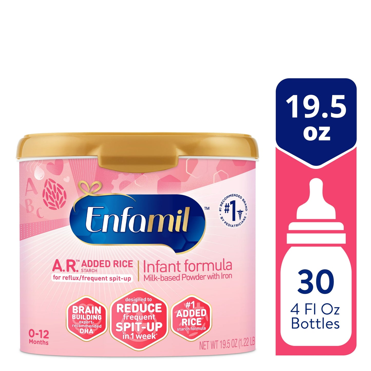 infant formula powder container with pink label and gold lid on a white background