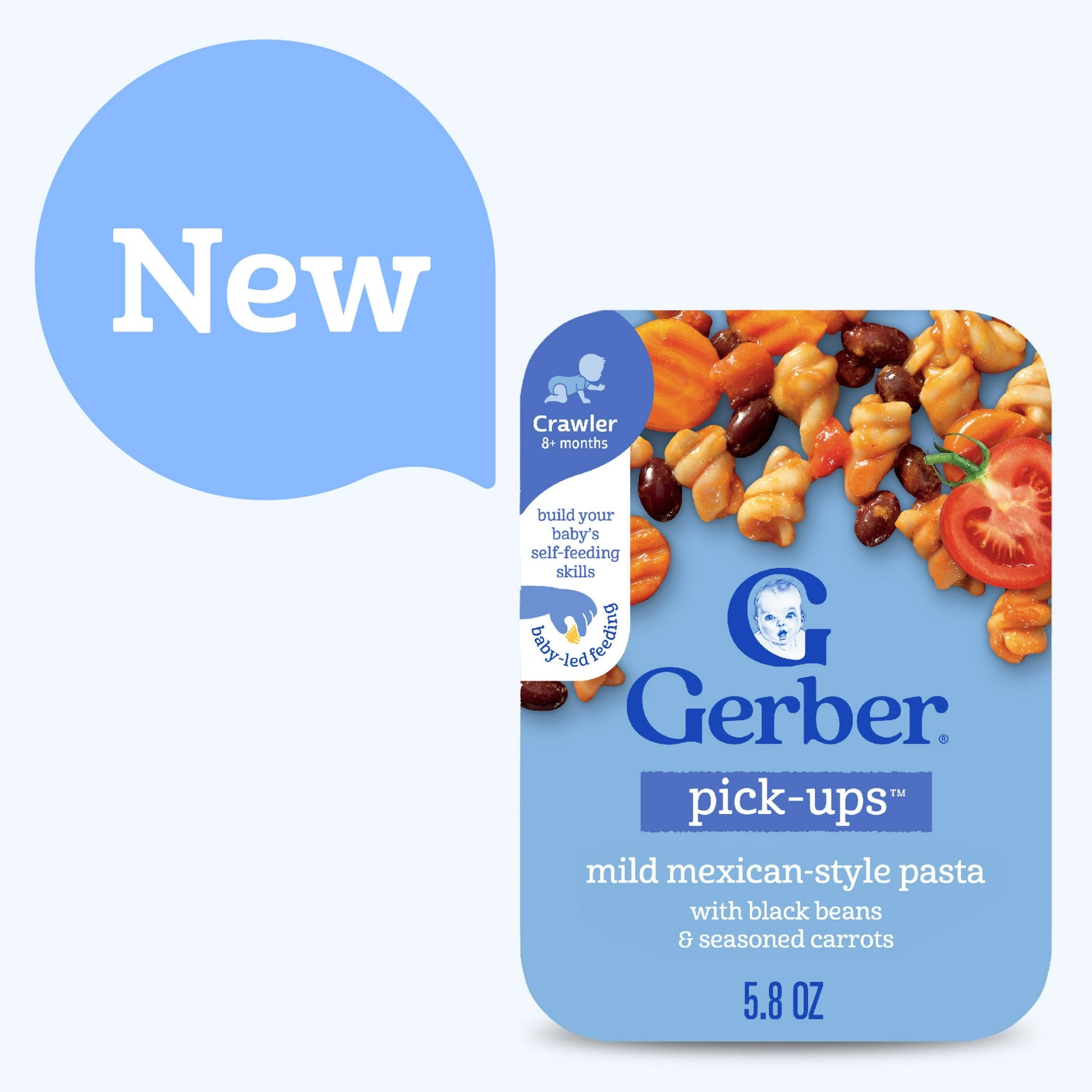 baby food mild mexican-style pasta packaging with blue label and colorful pasta image.
