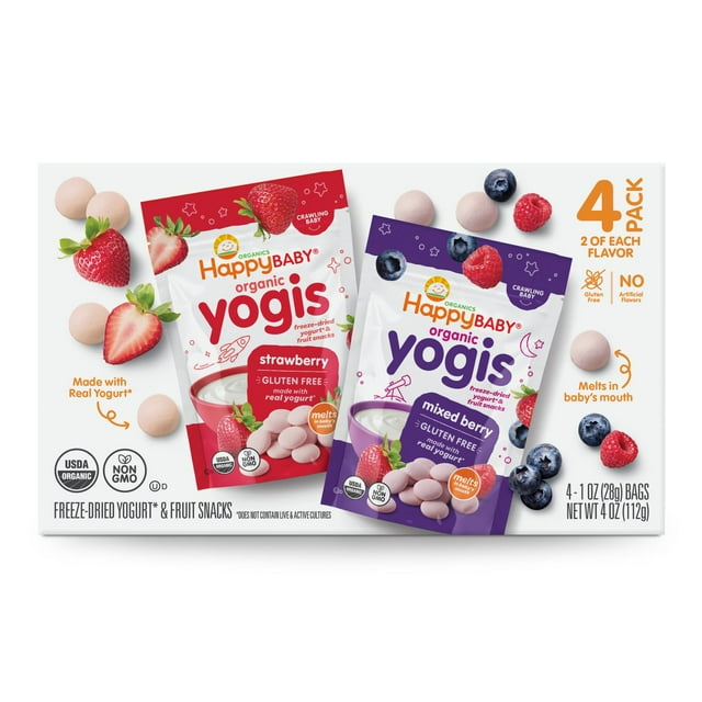 organic Yogis freeze-dried yogurt and fruit snacks packaging on a white background