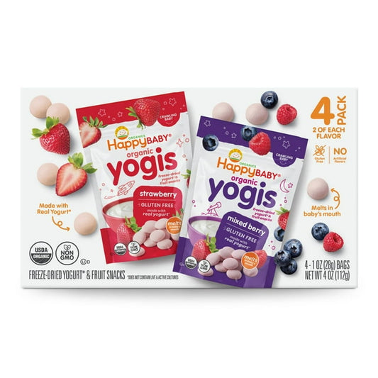 organic Yogis freeze-dried yogurt and fruit snacks packaging on a white background
