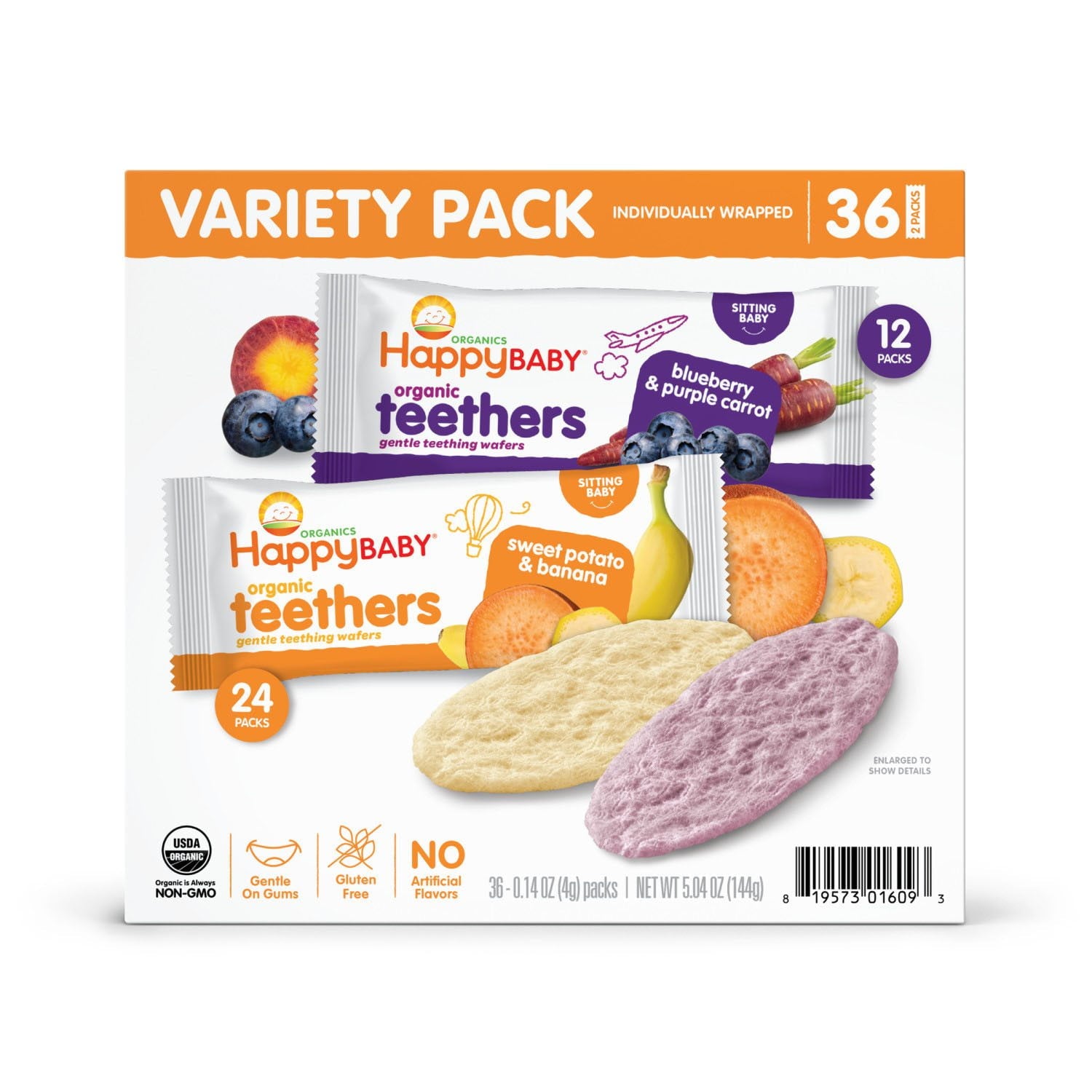 organic teething wafers variety pack on a white background