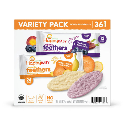 organic teething wafers variety pack on a white background