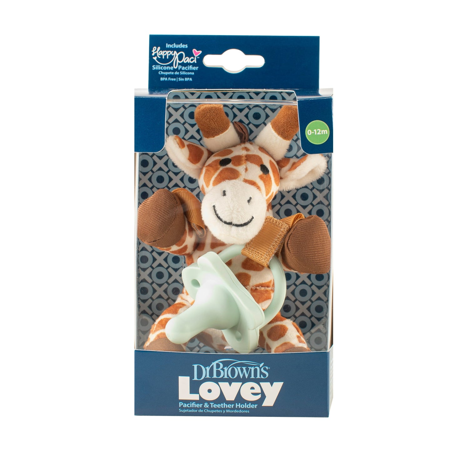 pacifier & toother holder packaging with a giraffe design on a white background