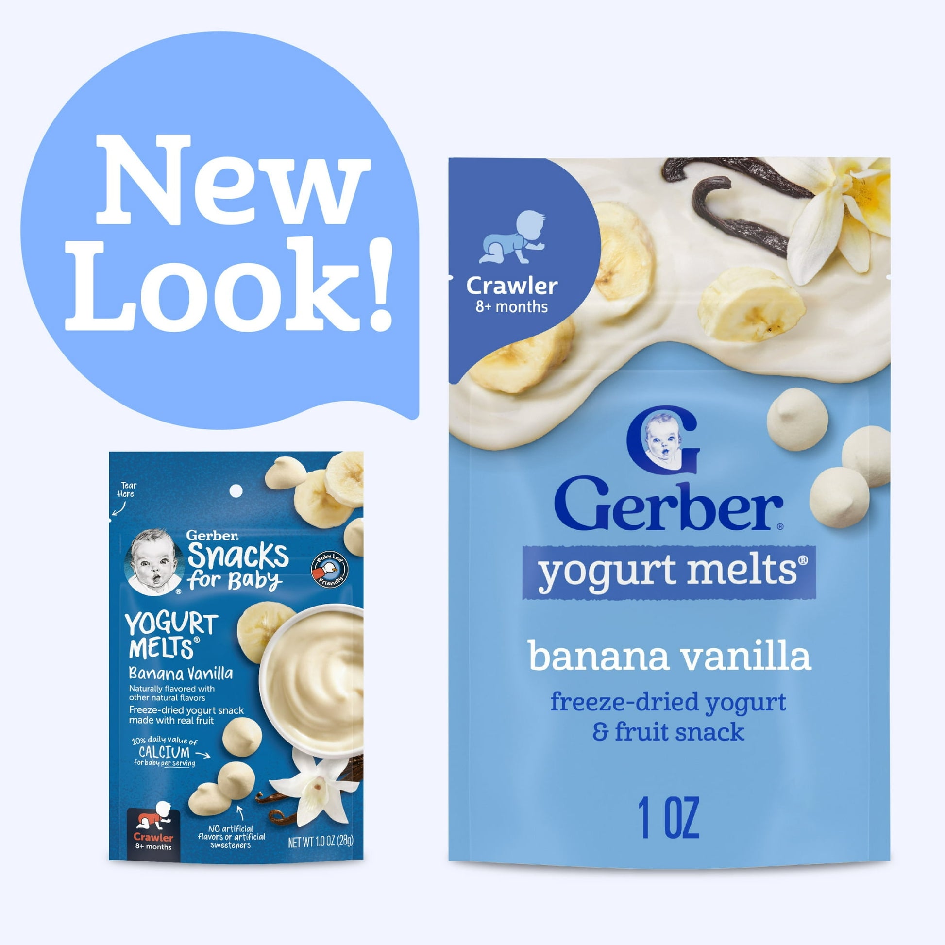 Two packages of yogurt melts with a 'New Look!' label on a white background