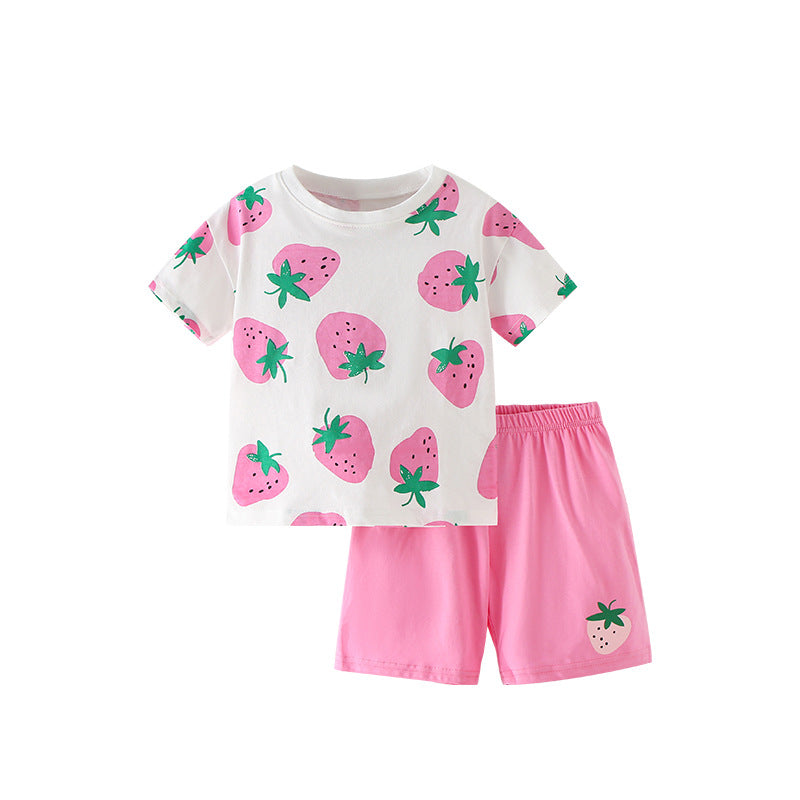 Summer Baby Kids Strawberry Fruits Pattern T-shirt and Shorts Clothing Set for Girls-0