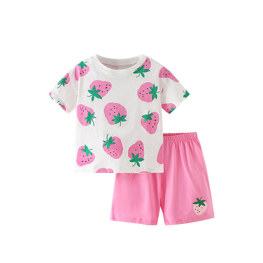 Summer Baby Kids Strawberry Fruits Pattern T-shirt and Shorts Clothing Set for Girls-0