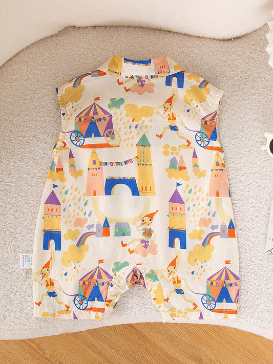 New Arrival Summer Baby Kids Unisex Cartoon Pattern Turn-Down Collar Sleeveless Romper-1