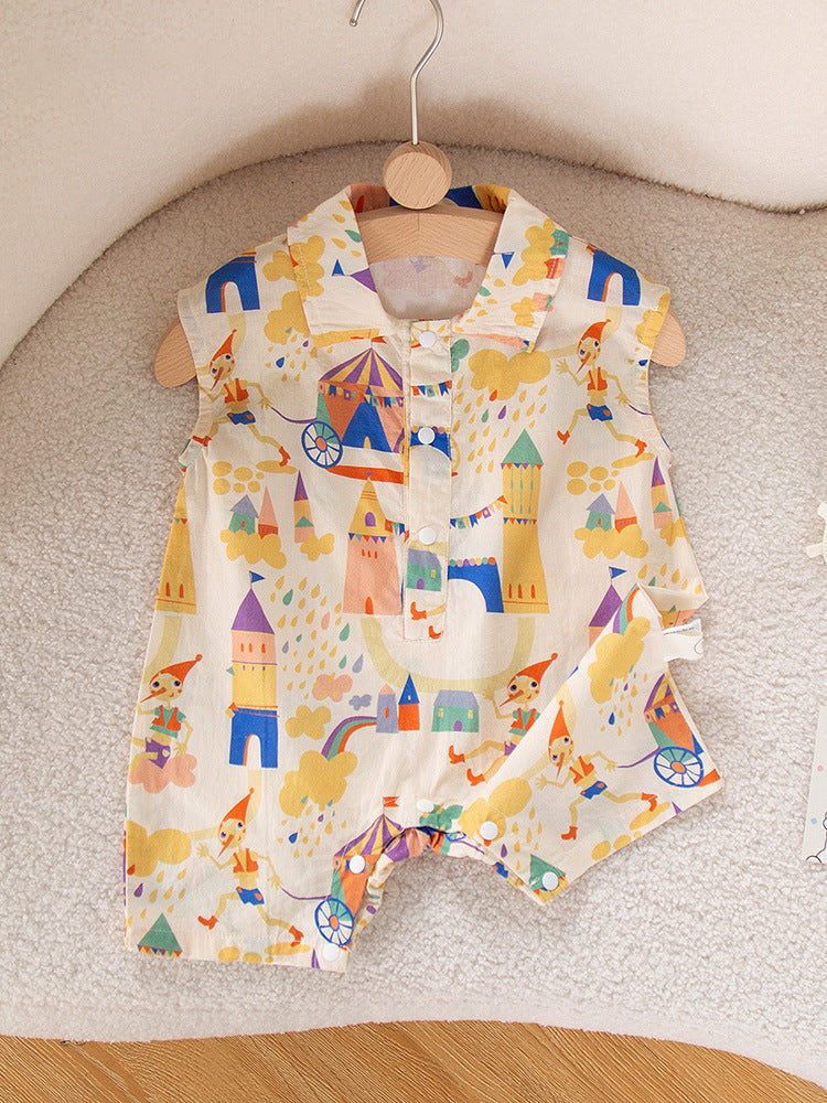 New Arrival Summer Baby Kids Unisex Cartoon Pattern Turn-Down Collar Sleeveless Romper-2