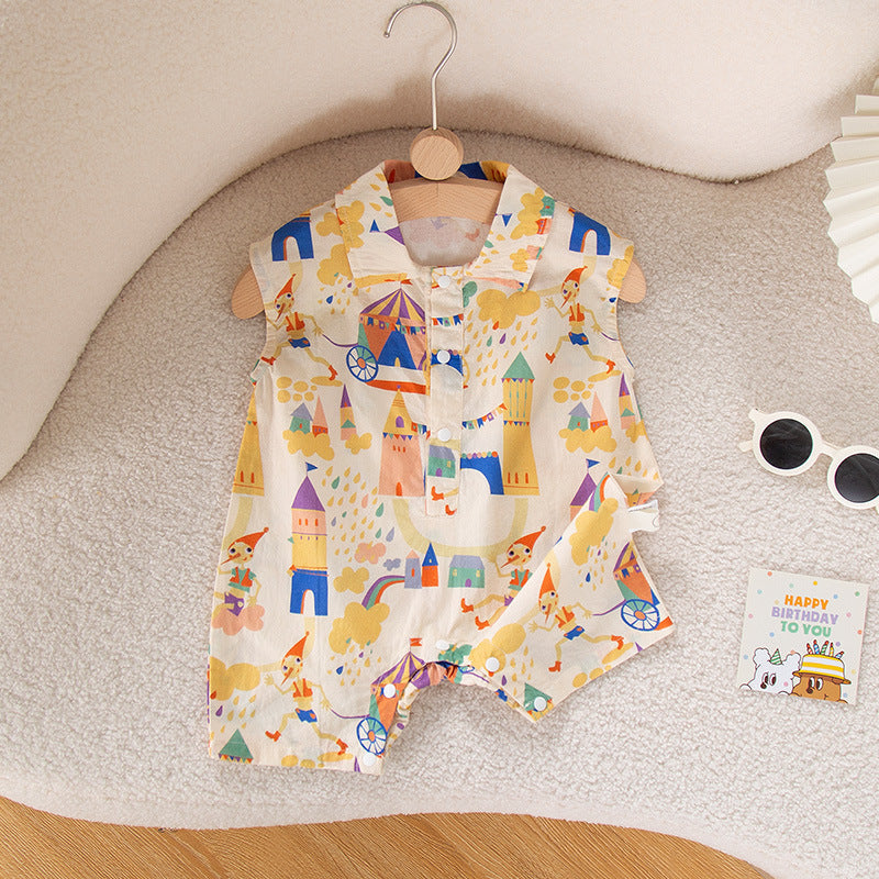 New Arrival Summer Baby Kids Unisex Cartoon Pattern Turn-Down Collar Sleeveless Romper-3