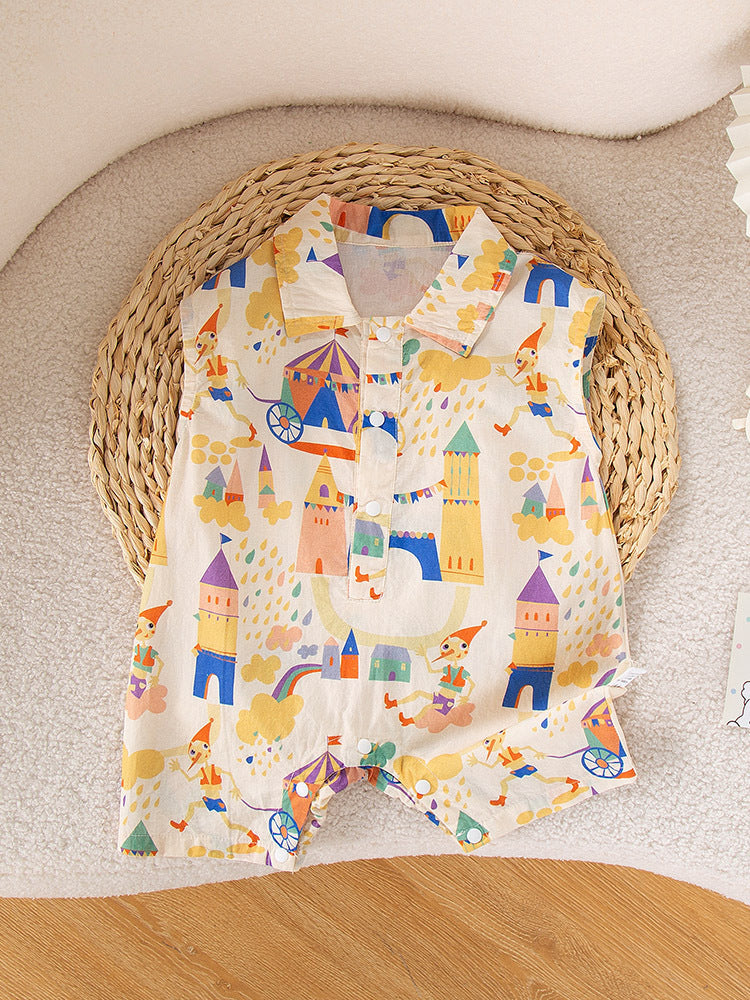 New Arrival Summer Baby Kids Unisex Cartoon Pattern Turn-Down Collar Sleeveless Romper-0
