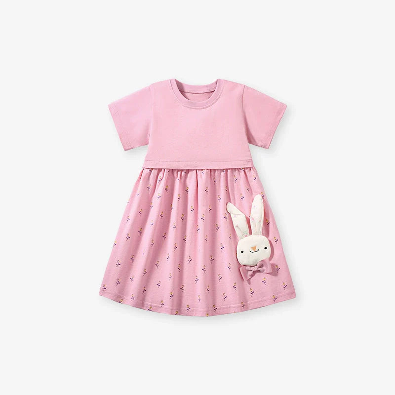 Summer Arrival Animals Cartoon Pattern Short Sleeves Floral Dress for Stylish Girls-0