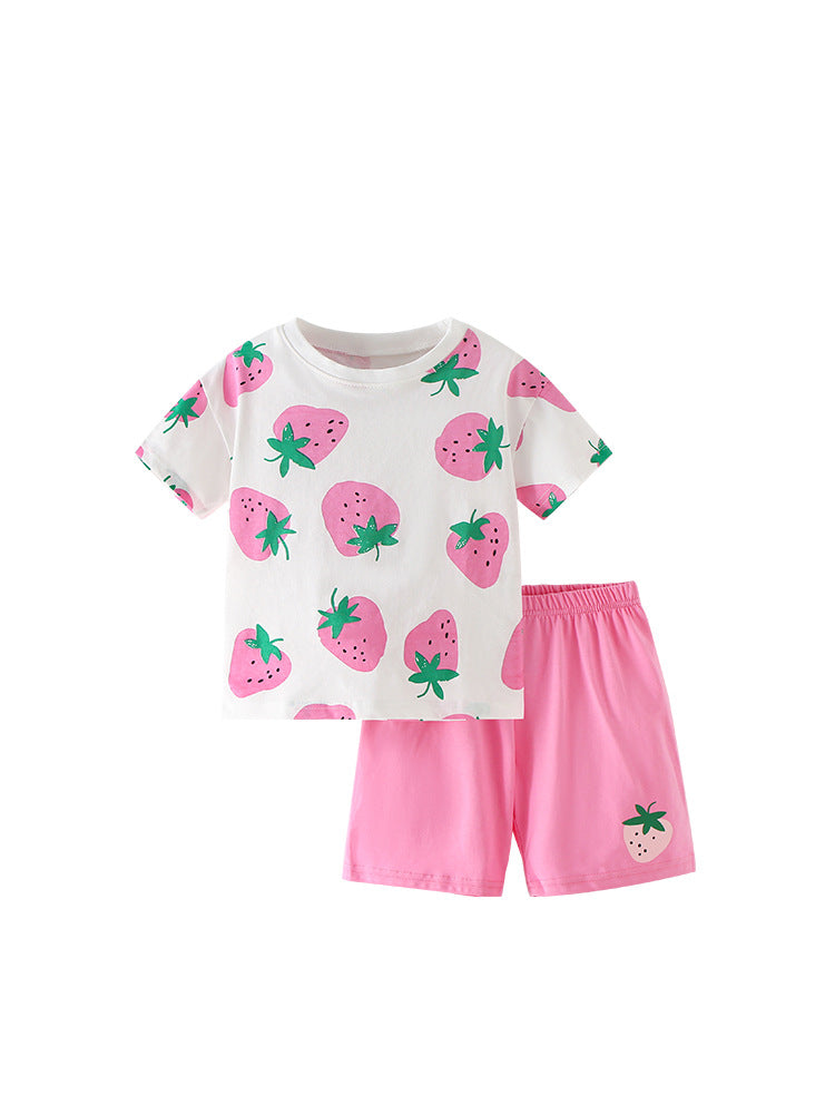 Summer Baby Kids Strawberry Fruits Pattern T-shirt and Shorts Clothing Set for Girls-4