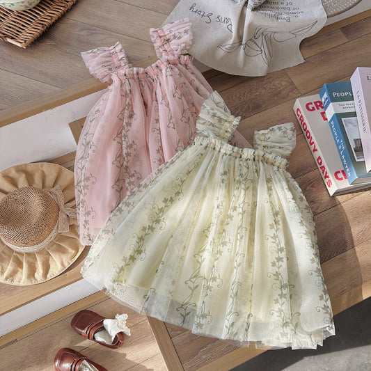 Summer Arrival Floral Pattern Fly Sleeves Tulle Dress for Stylish Girls-4