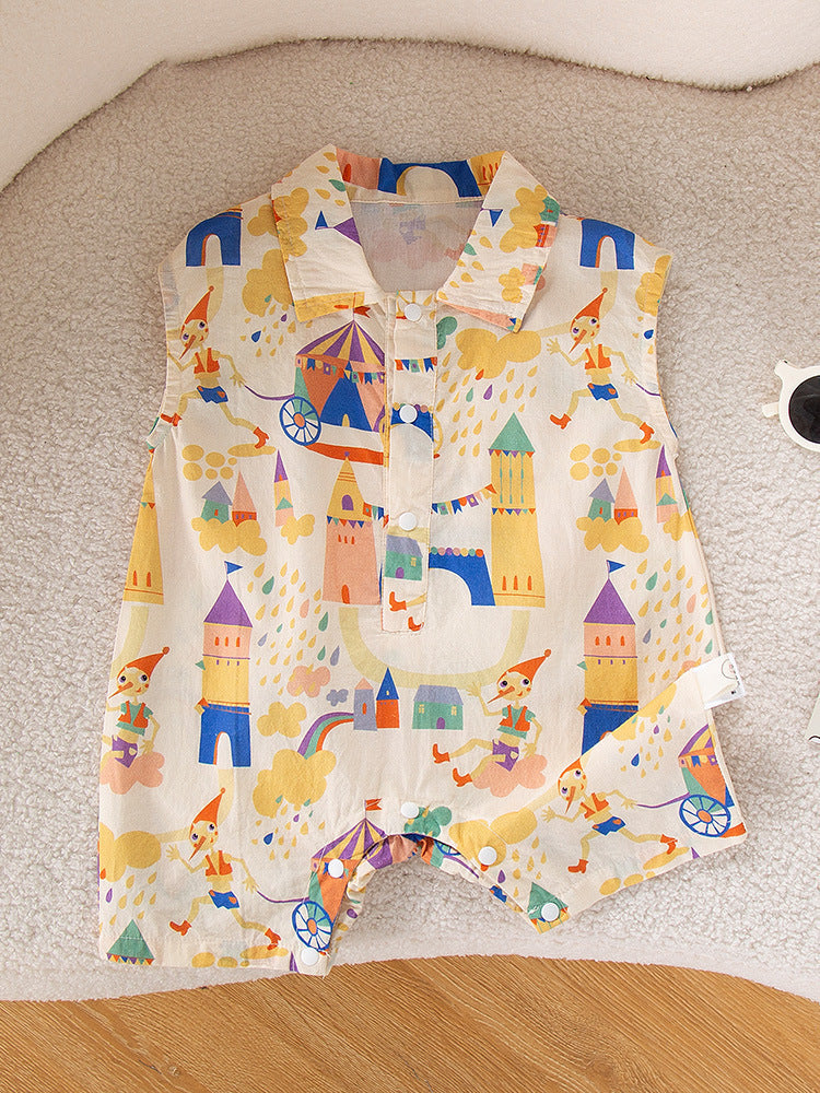 New Arrival Summer Baby Kids Unisex Cartoon Pattern Turn-Down Collar Sleeveless Romper-4