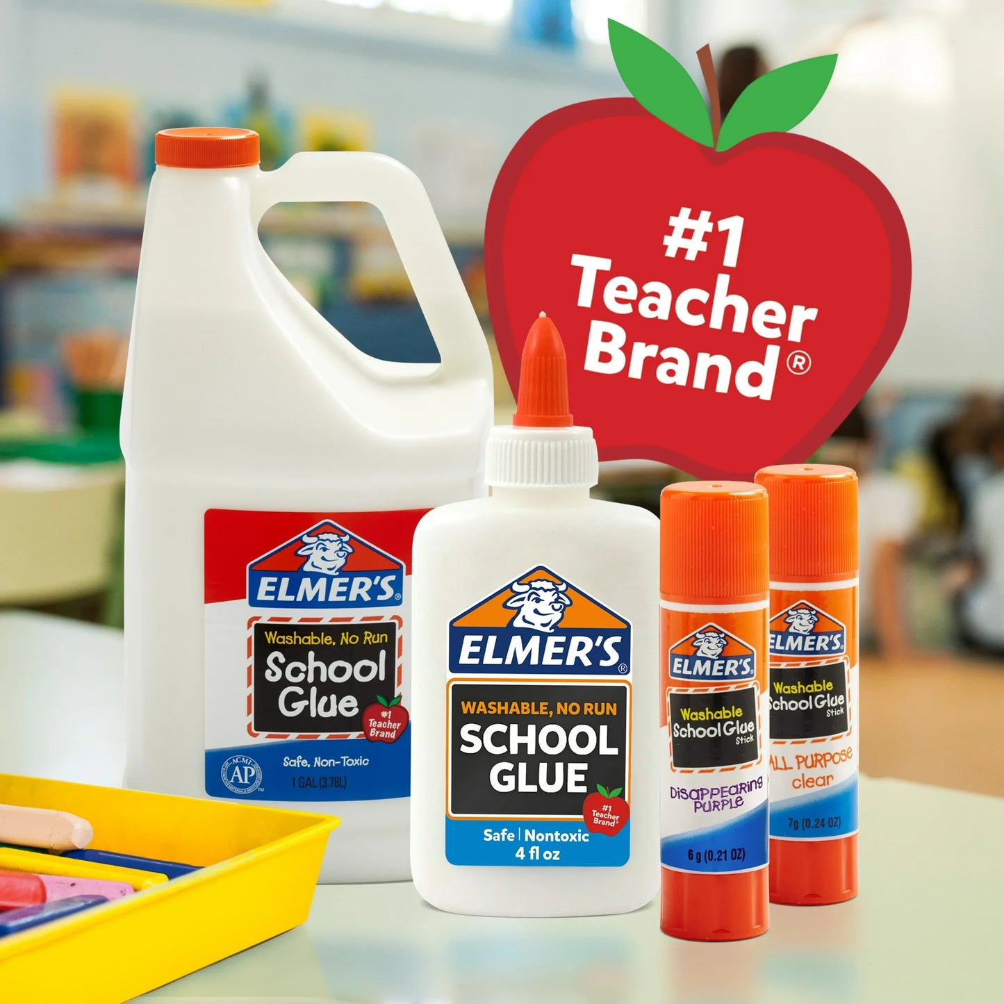 school glue products with a red apple-shaped sign in a classroom setting