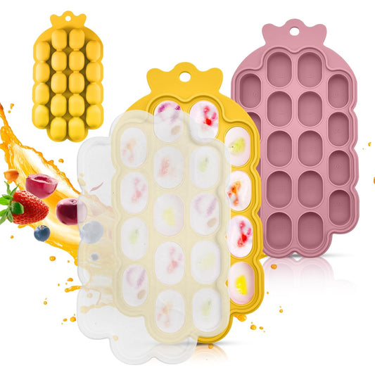 2 silicone pop molds in yellow, pink, and white with colorful popsicles on a white background.