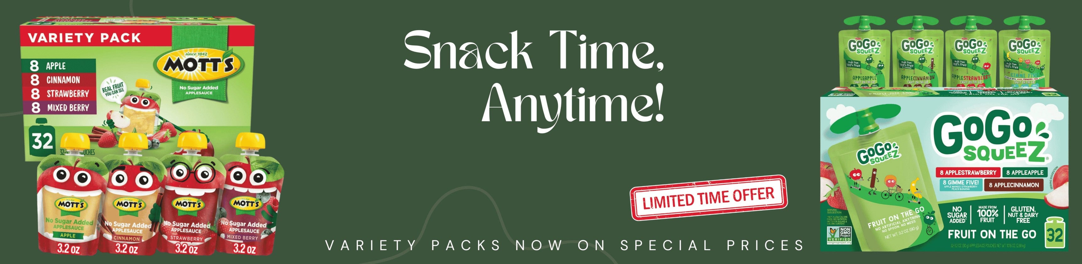 Promotional banner for snack products with Mott's and GoGo Squeez packaging on a green background.