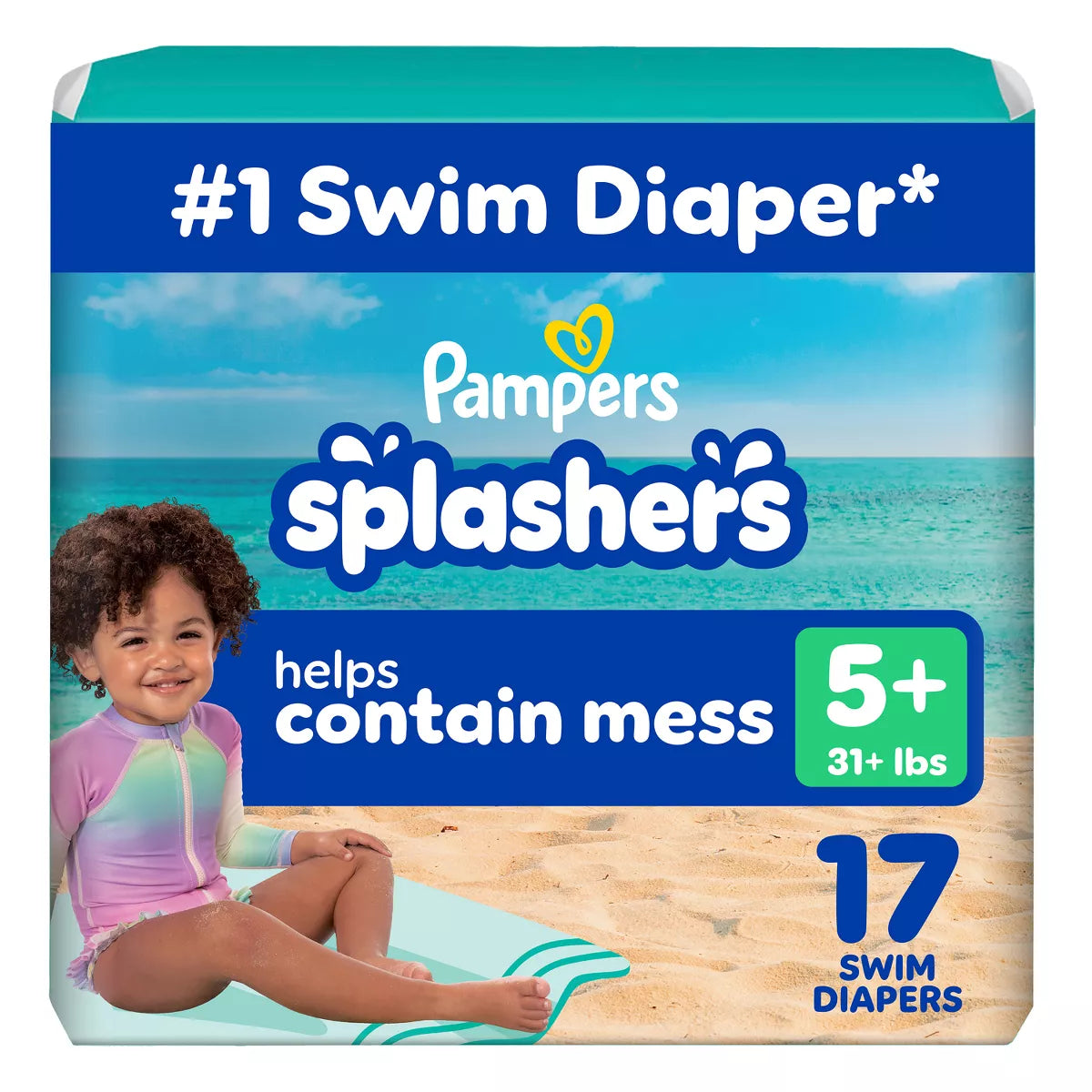 swim diaper package with a child on a beach.