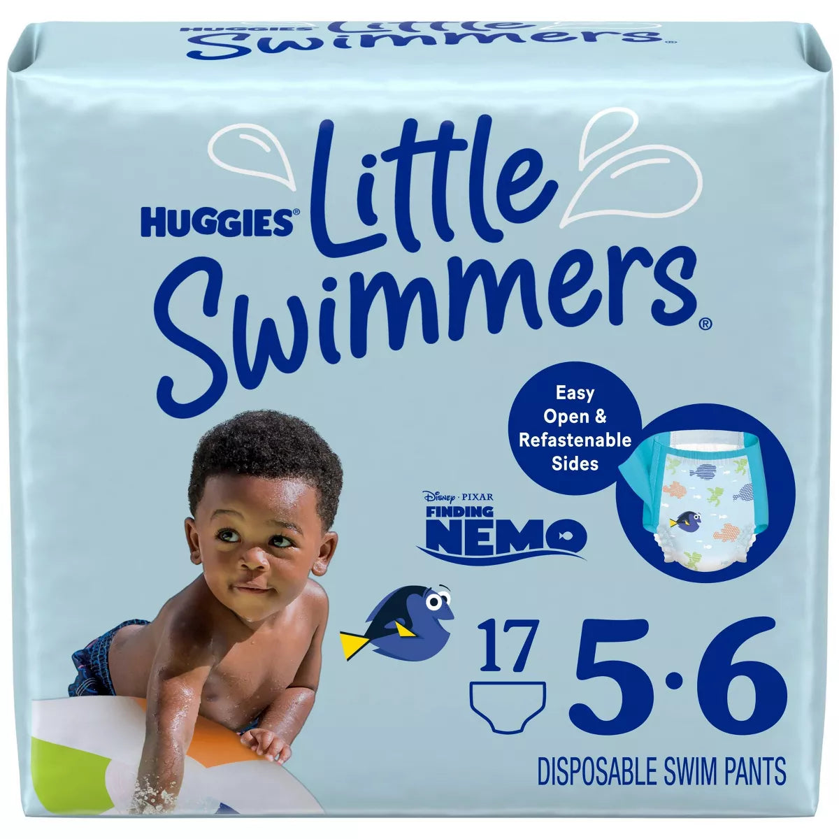 swim diaper package with a child and Finding Nemo characters on a light blue background.