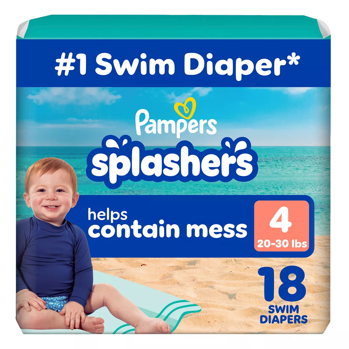 swim diapers package with a child on a beach.