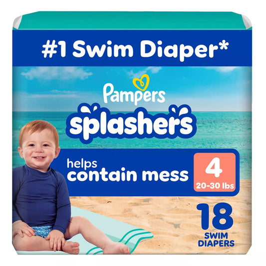 swim diapers package with a child on a beach.