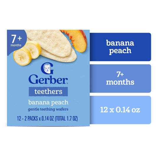 teething wafers packaging for banana peach flavor on a white background