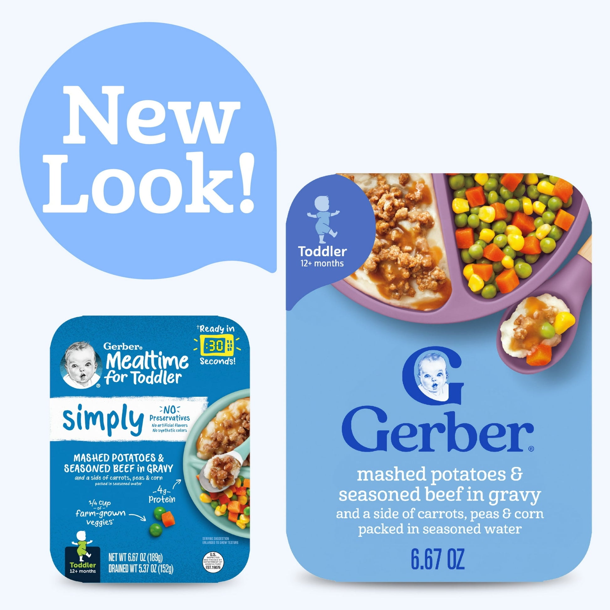 toddler food packaging with 'New Look!' text and product details.
