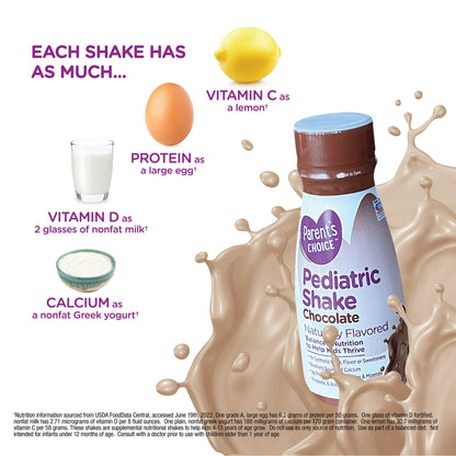 Kids Chocolate pediatric shake bottle with comparative nutrition visuals of lemon, egg, milk, and yogurt