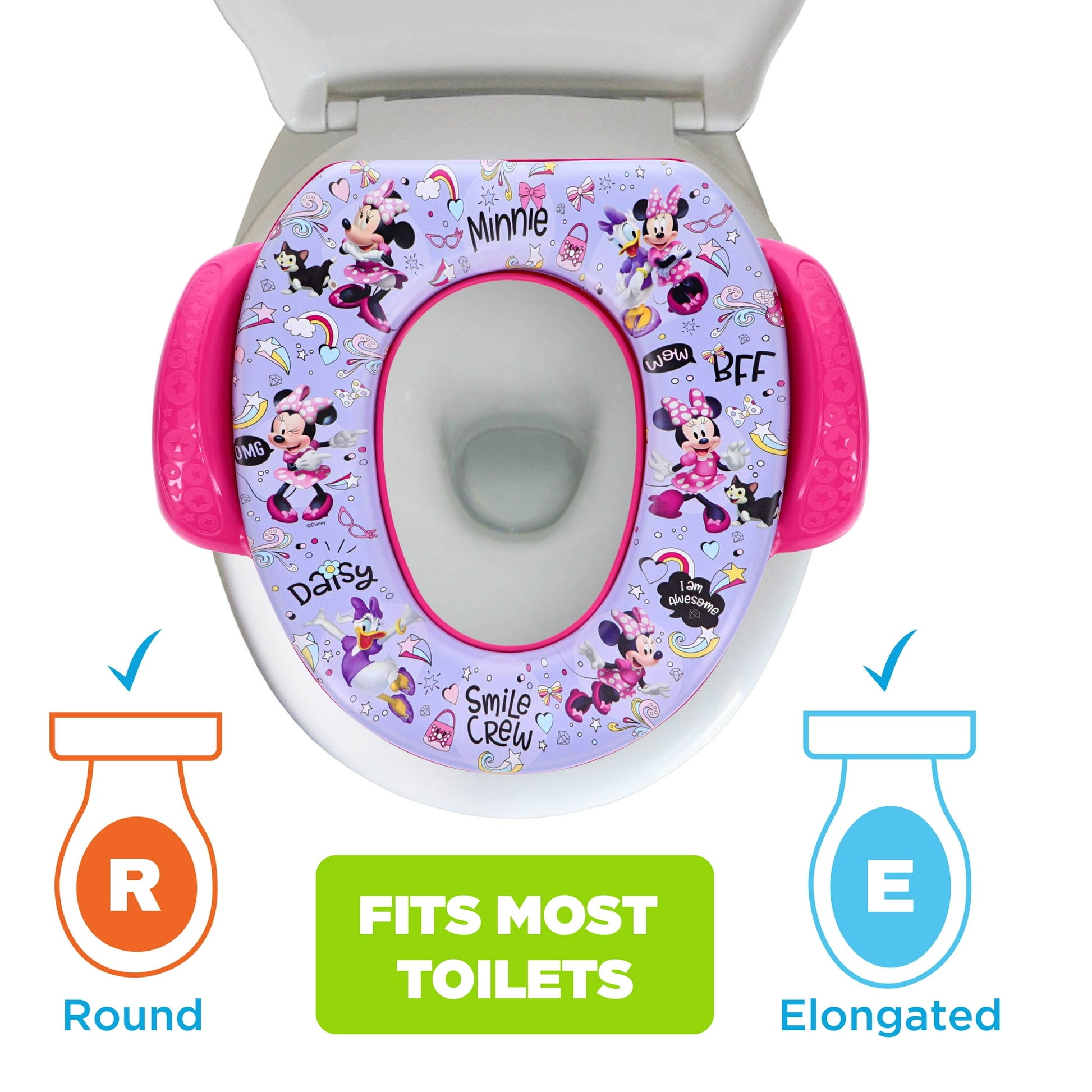 A child's toilet training seat with cartoon theme on a toilet, with compatibility diagrams for round and elongated fits