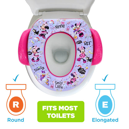 A child's toilet training seat with cartoon theme on a toilet, with compatibility diagrams for round and elongated fits