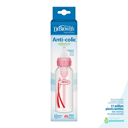 (2 pack) Dr. Brown's Natural Flow Anti-Colic Options+ Narrow Baby Bottle, Pink, 8oz, Slow Flow, 0m+, 1 Pack