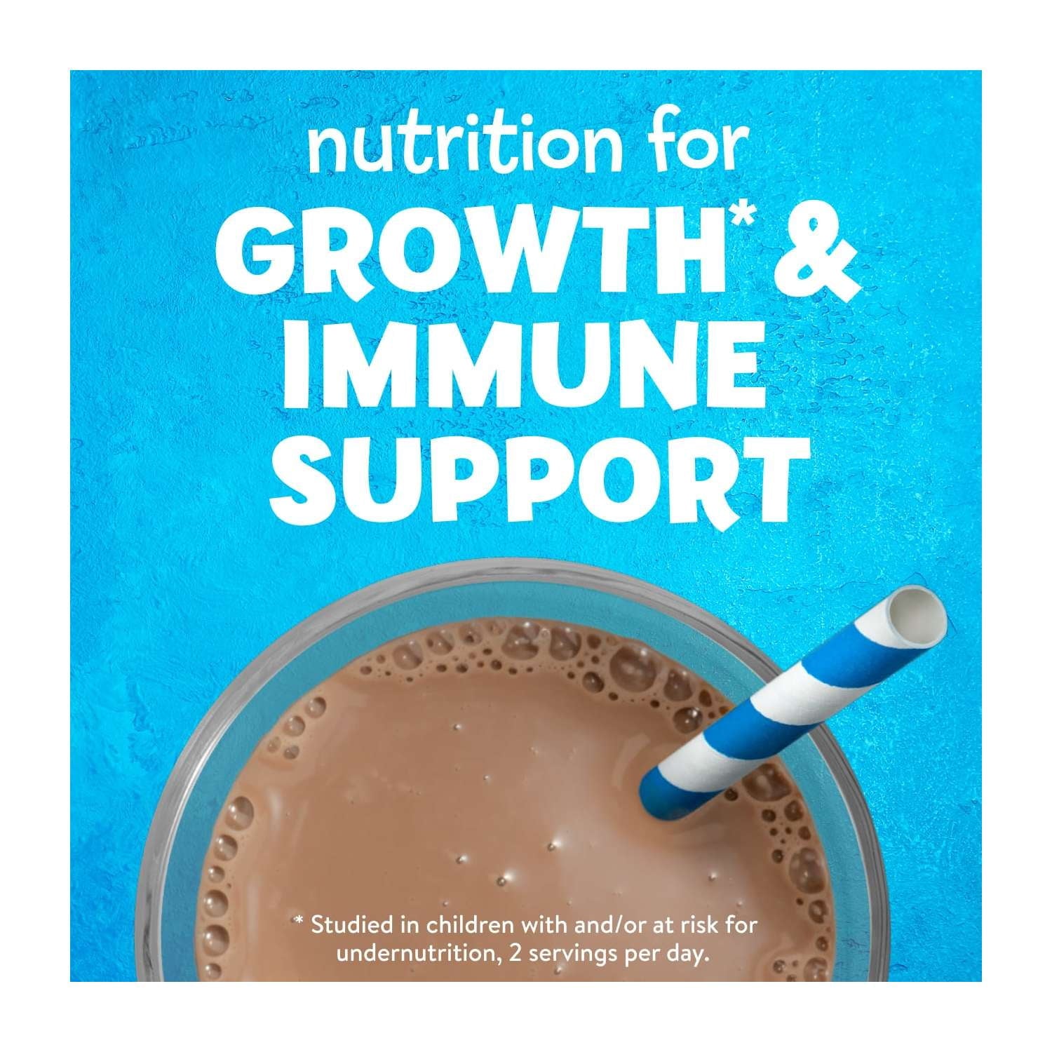 A glass with nutrition shake and a striped straw, text about nutrition, growth, and immune support, with blue background