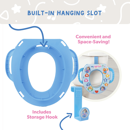 Blue potty training seat with handles, built-in hanging slot, and a separate storage hook