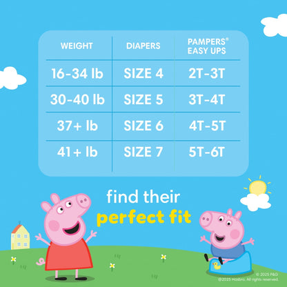 Cartoon pigs illustrate a size chart for training pants based on weight and size