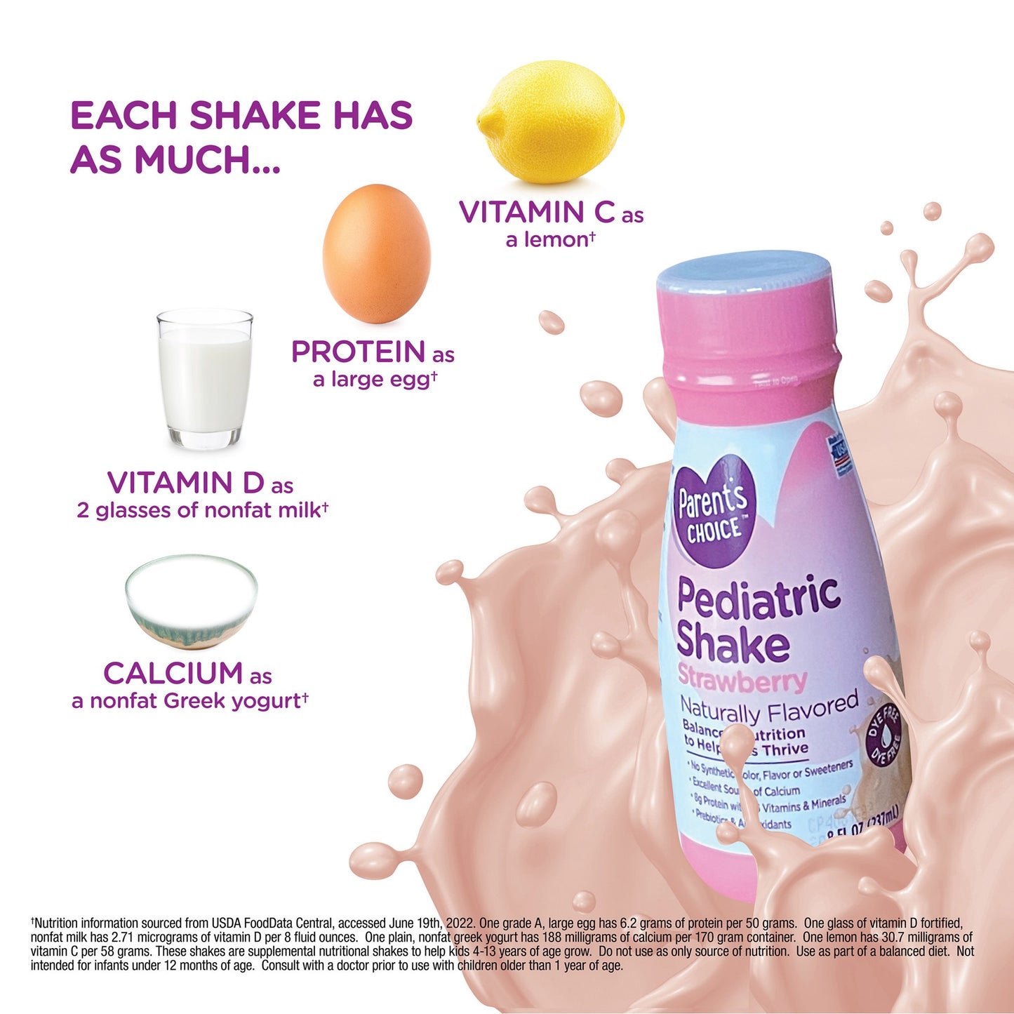 A bottle of strawberry pediatric shake with comparative ingredient visuals like a lemon, egg, milk, and yogurt