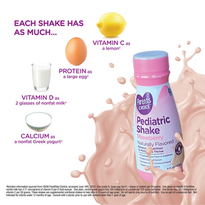 A bottle of strawberry pediatric shake with comparative ingredient visuals like a lemon, egg, milk, and yogurt