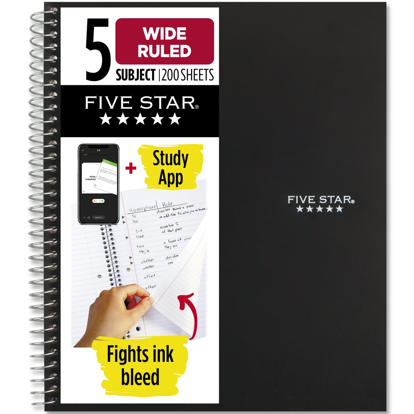 Five Star Spiral Notebook + Study App, 5 Subject, Wide Ruled, 8" x 10.5", Amethyst