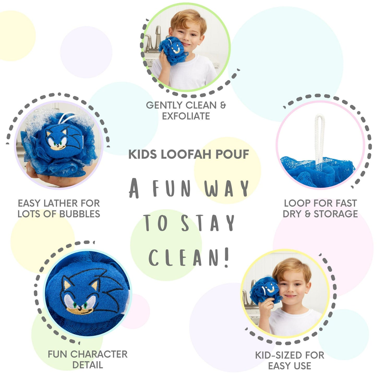 Sonic Kids Bath Loofah Pouf, Blue