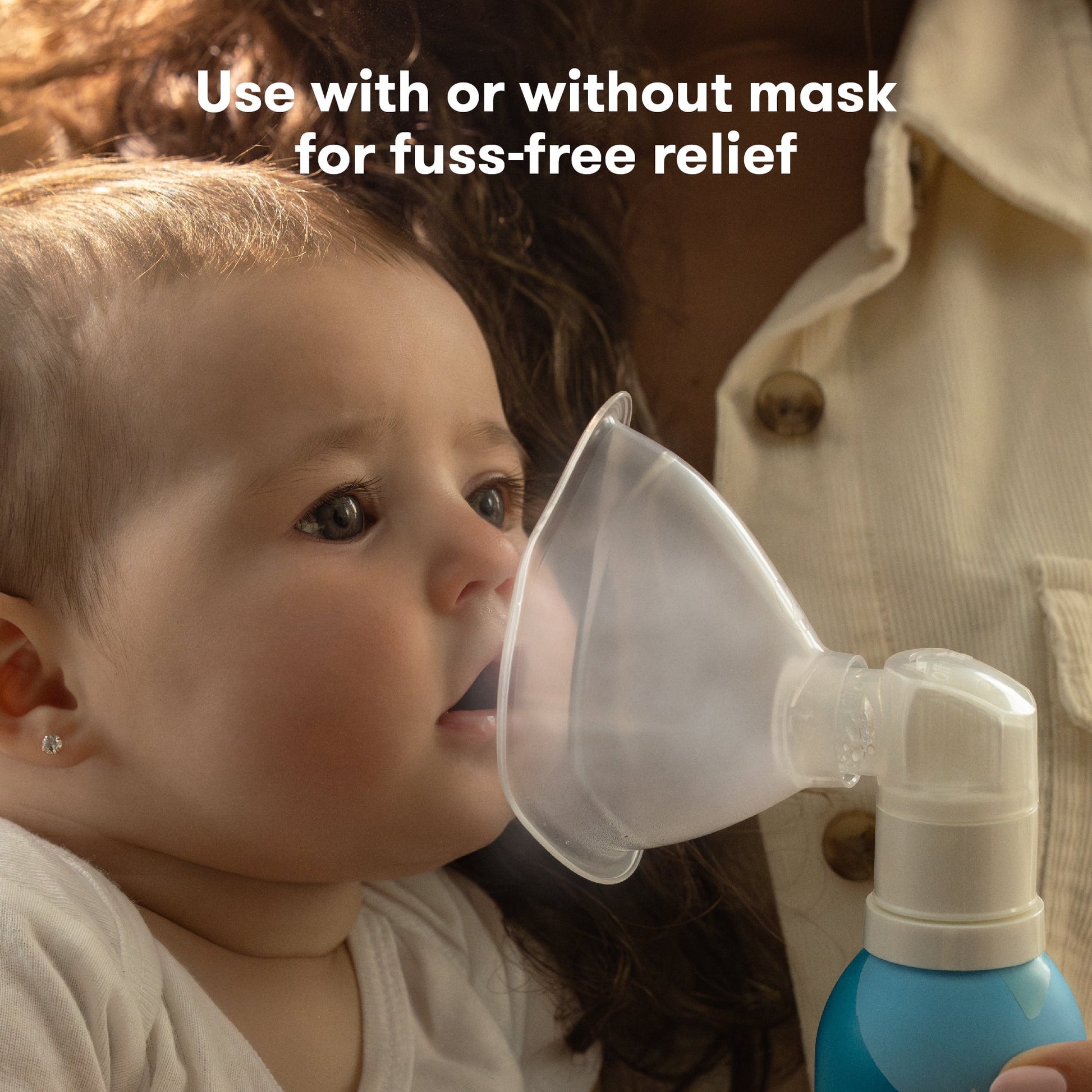 Image displaying a baby with text and a gentle relief product made to support comfort and wellness during flu