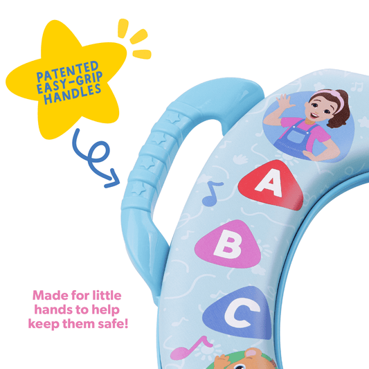 Close-up of a blue potty training seat with "A", "B", "C" letters and "PATENTED EASY-GRIP HANDLES" text